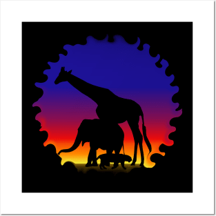 silhouette elephant giraffe tiger africa Posters and Art